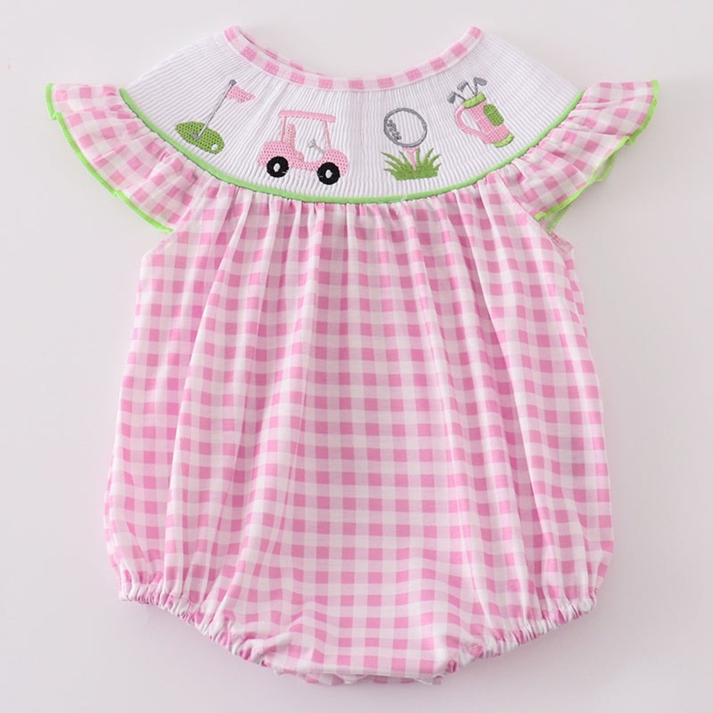 Pink Gingham Baby RomperPink Golf Embroidery Girl Bubble Size 6M